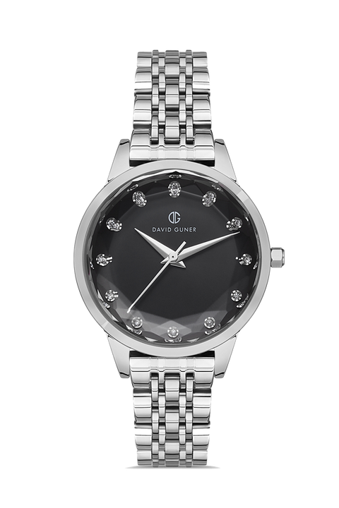 David Guner 8185LA-A2 women's watch with black dial, silver-tone case and stainless steel bracelet – front view