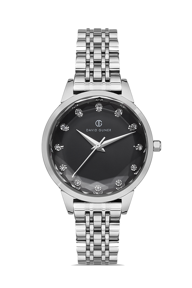 David Guner 8185LA-A2 women's watch with black dial, silver-tone case and stainless steel bracelet – front view