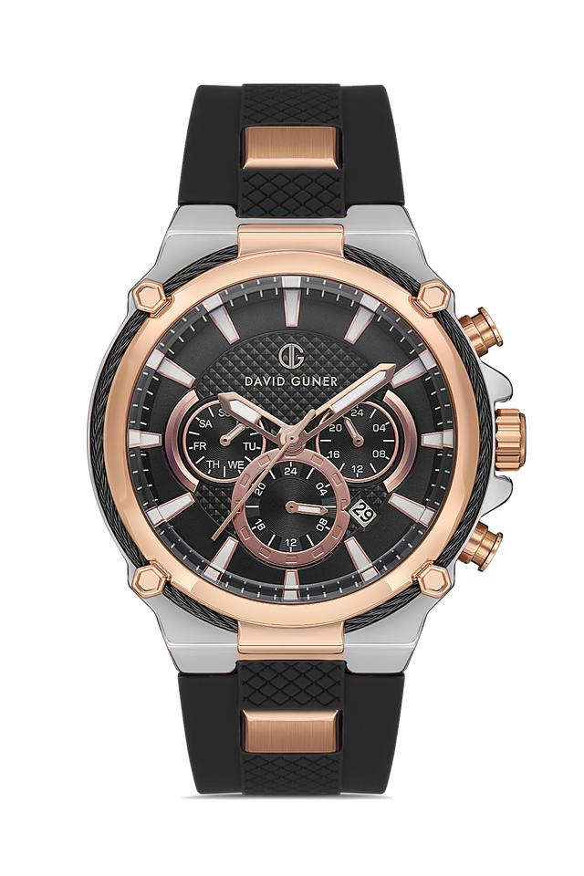 David Guner 8270GD-E2 men's watch with black dial, two-tone rose gold case and black silicone strap – front view