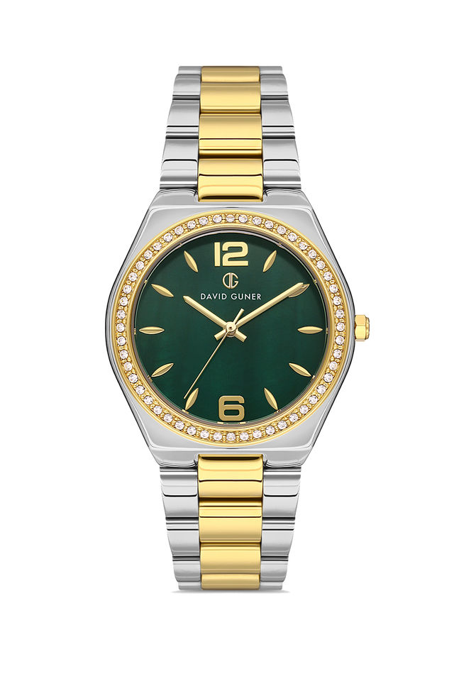 David Guner 8472LA-D10 women's watch with green dial, two-tone case and stainless steel bracelet – front view