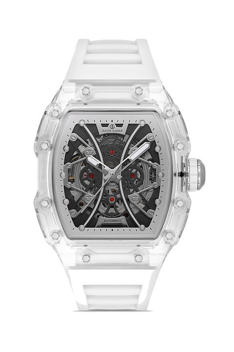 David Guner 8628GD-A2 men's automatic watch with skeleton dial, clear polycarbonate case and white silicone strap – front view