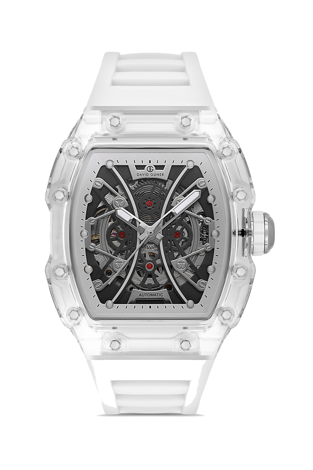 David Guner 8628GD-A2 men's automatic watch with skeleton dial, clear polycarbonate case and white silicone strap – front view