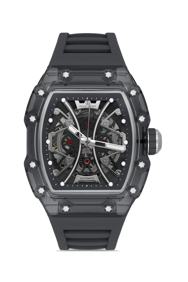 David Guner 8628GD-G2 men's automatic watch with skeleton dial, smoke polycarbonate case and black silicone strap – front view
