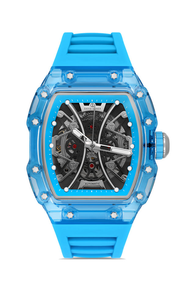 David Guner 8628GD-H2 men's automatic watch with skeleton dial, light blue polycarbonate case and light blue silicone strap – front view
