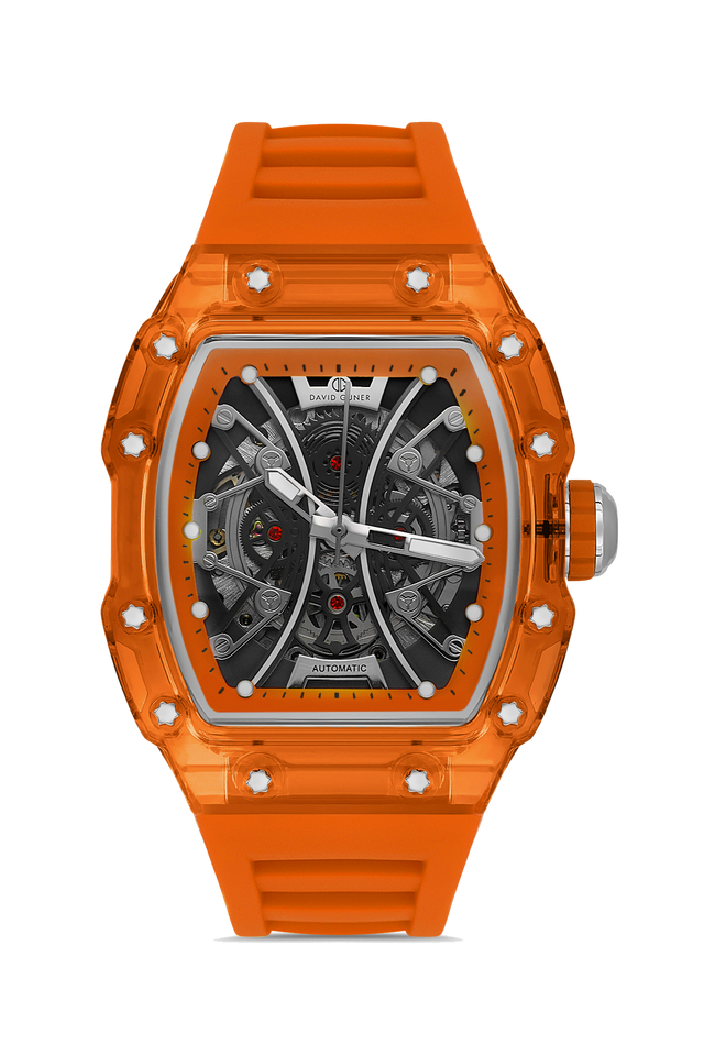David Guner 8628GD-Z12 men's automatic watch with skeleton dial, orange polycarbonate case and orange silicone strap – front view