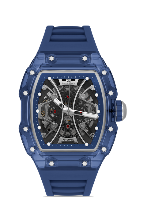David Guner 8628GD-ZA2 men's automatic watch with skeleton dial, blue polycarbonate case and blue silicone strap – front view