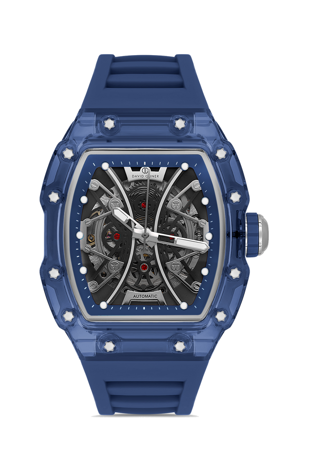 David Guner 8628GD-ZA2 men's automatic watch with skeleton dial, blue polycarbonate case and blue silicone strap – front view