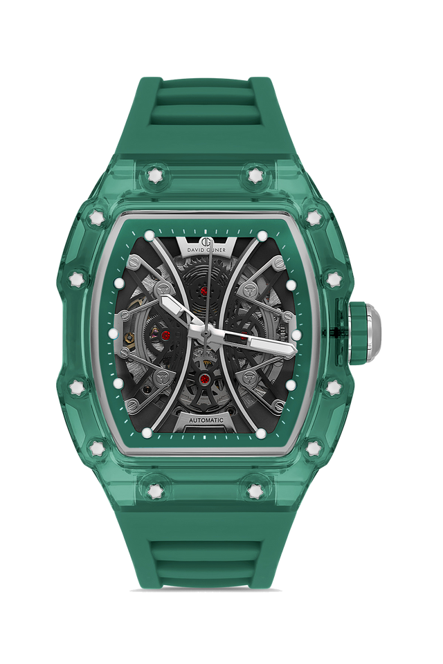 David Guner 8628GD-ZJ2 men's automatic watch with skeleton dial, green polycarbonate case and green silicone strap – front view
