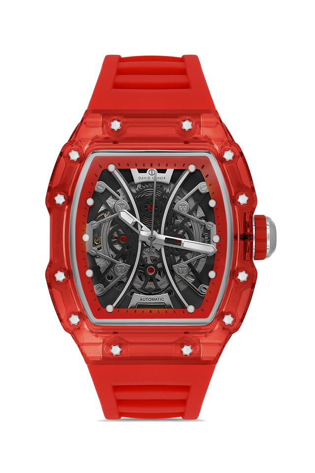 David Guner 8628GD-ZP2 men's automatic watch with skeleton dial, red polycarbonate case and red silicone strap – front view