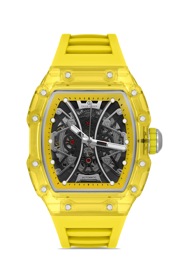 David Guner 8628GD-ZR2 men's automatic watch with skeleton dial, yellow polycarbonate case and yellow silicone strap – front view