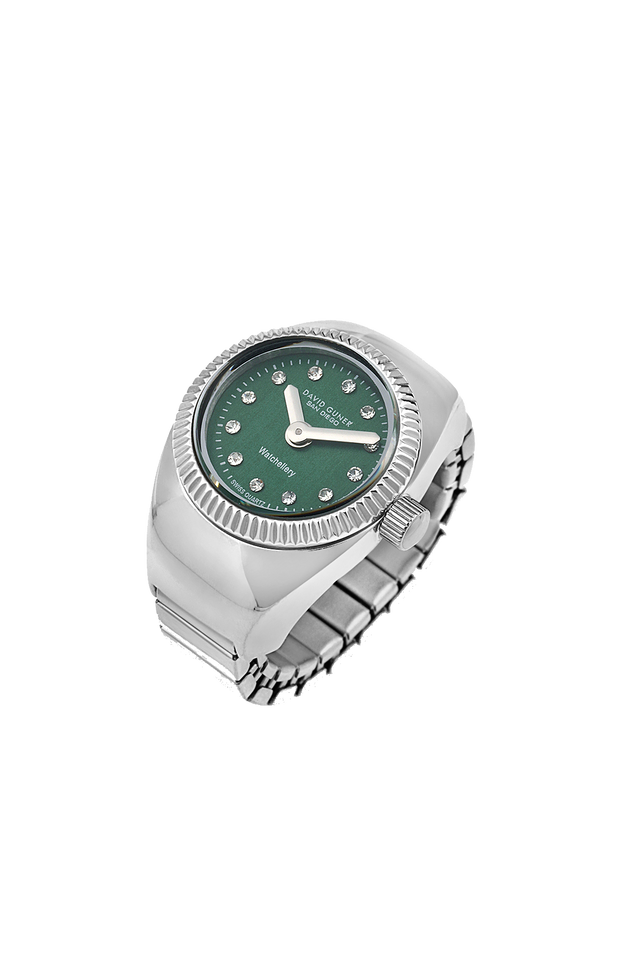 David Guner 8643LA-A10A unisex ring watch with green dial, silver-tone case and stretch ring band – front view