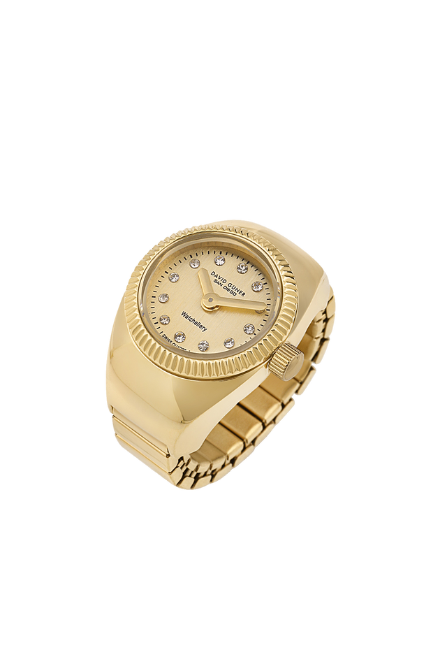 David Guner 8643LA-B4B unisex ring watch with gold dial, gold-tone case and stretch ring band – front view