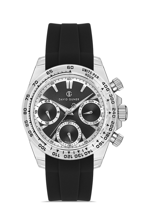 David Guner 8658GD-J2 men's watch with black dial, clear polycarbonate case and black silicone strap – front view