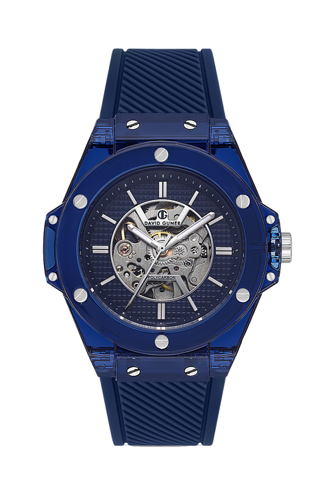 David Guner 8659GD-H3 men's automatic watch with blue dial, blue polycarbonate case and blue silicone strap – front view