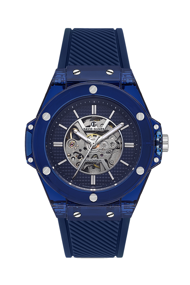 David Guner 8659GD-H3 men's automatic watch with blue dial, blue polycarbonate case and blue silicone strap – front view