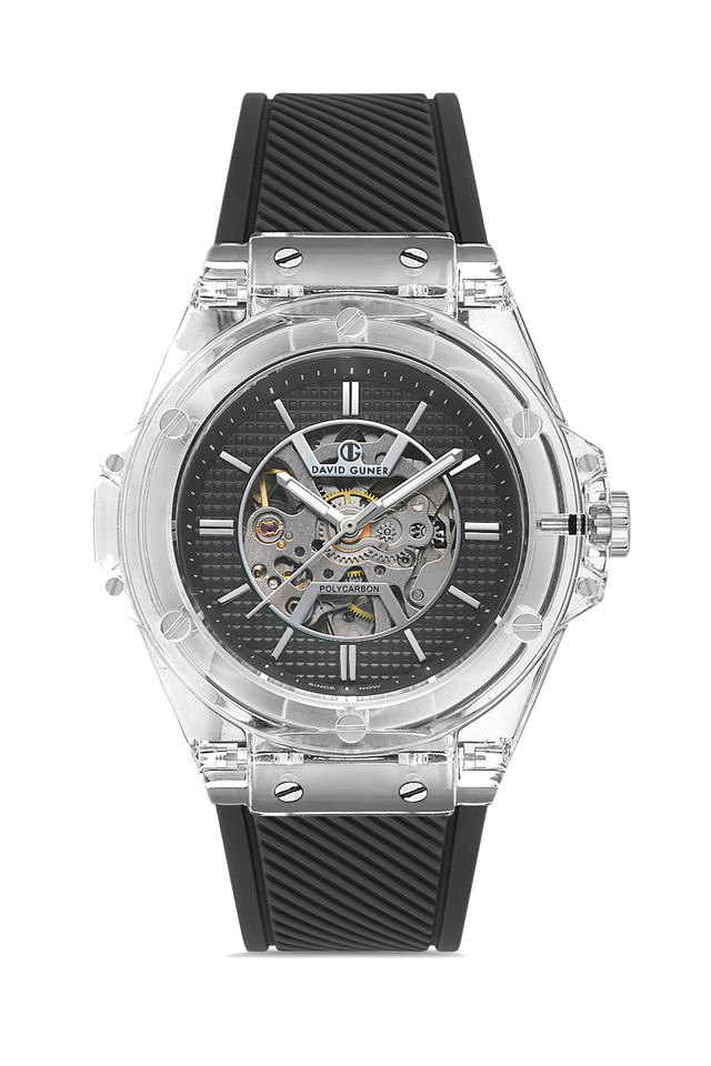 David Guner 8659GD-J2 men's automatic watch with black dial, clear polycarbonate case and black silicone strap – front view