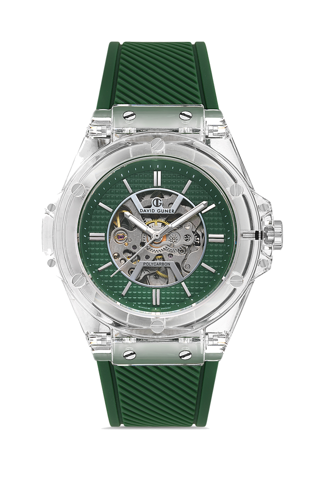David Guner 8659GD-ZM10 men's automatic watch with green dial, clear polycarbonate case and green silicone strap – front view