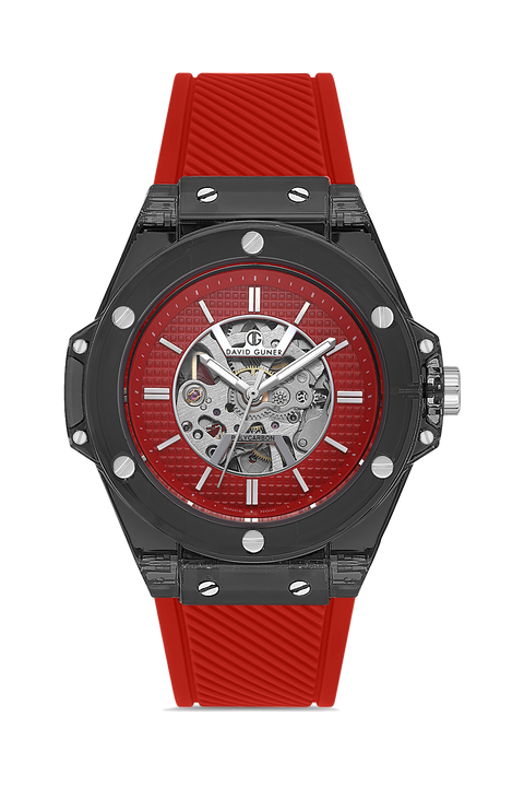 David Guner 8659GD-ZP8 men's automatic watch with red dial, black polycarbonate case and red silicone strap – front view