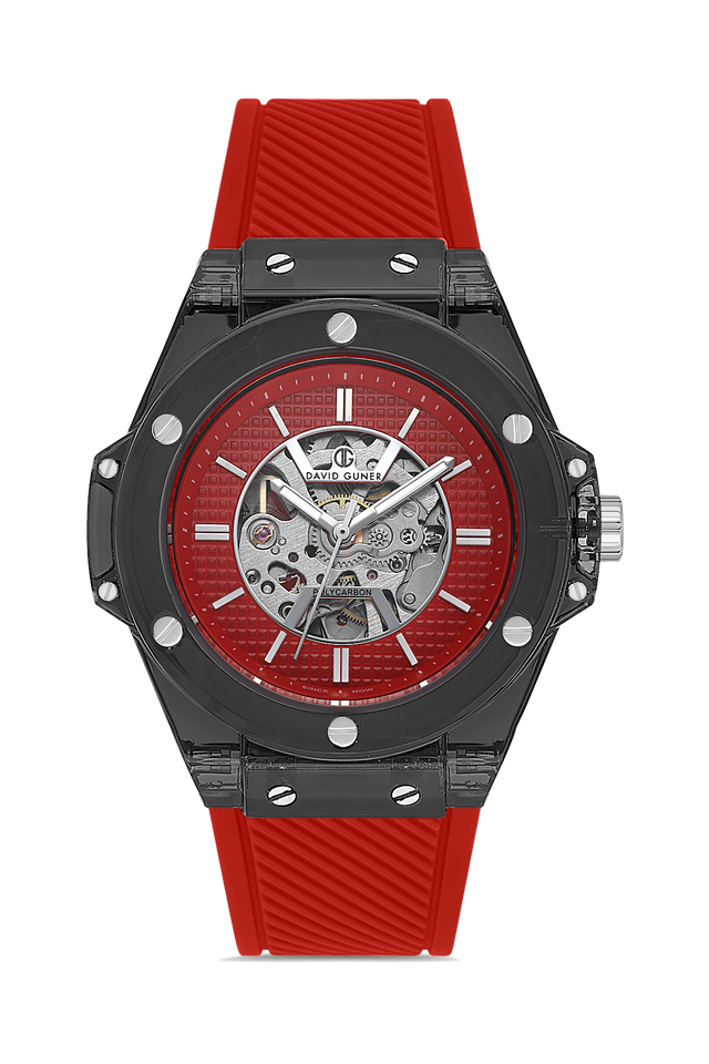 David Guner 8659GD-ZP8 men's automatic watch with red dial, black polycarbonate case and red silicone strap – front view