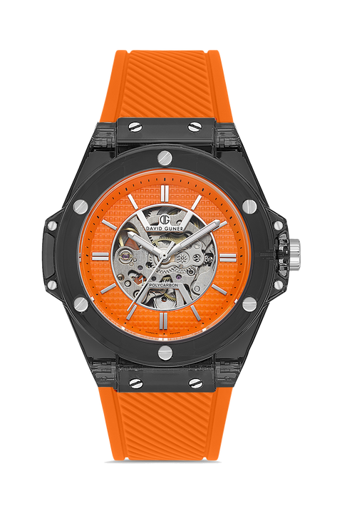 David Guner 8659GD-ZQ11 men's automatic watch with orange dial, black polycarbonate case and orange silicone strap – front view