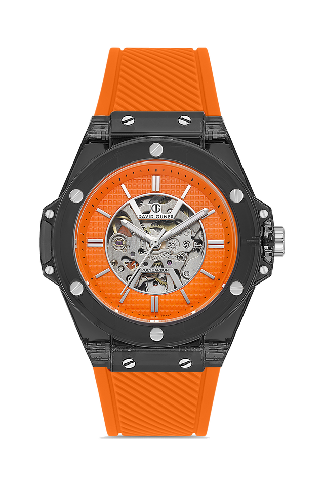 David Guner 8659GD-ZQ11 men's automatic watch with orange dial, black polycarbonate case and orange silicone strap – front view