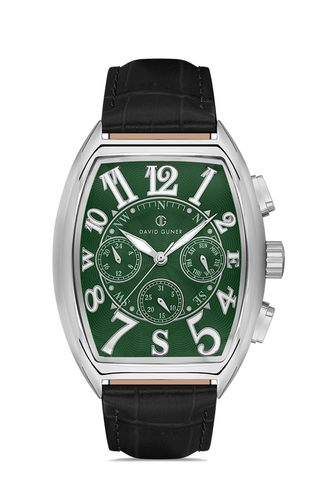 David Guner 8707GB-J10 men's watch with green dial, silver-tone case and black genuine leather strap – front view