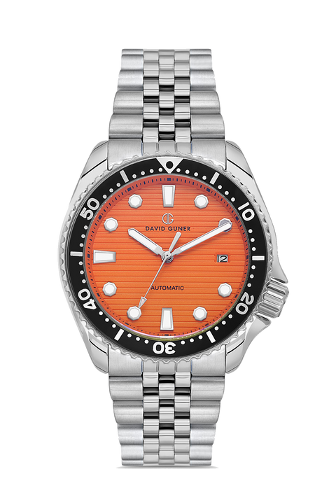 David Guner 8732GA-A11 men's automatic watch with orange dial, silver-tone case and stainless steel bracelet – front view