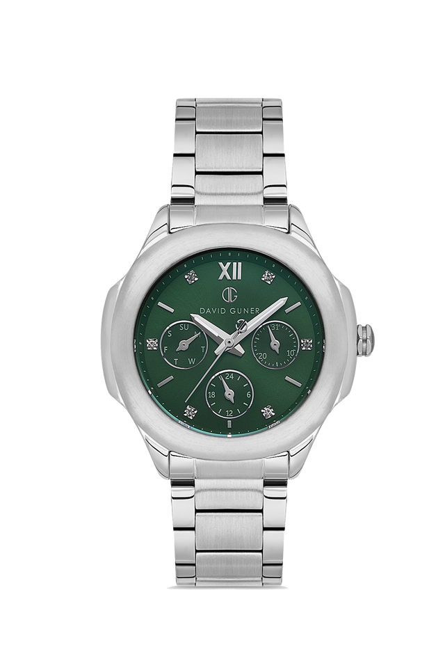 David Guner 8741LA-A10 women's watch with green dial, silver-tone case and stainless steel bracelet – front view