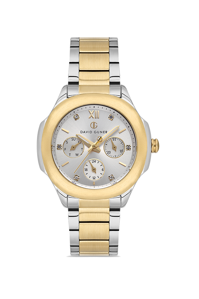 David Guner 8741LA-D1 women's watch with silver dial, two-tone case and stainless steel bracelet – front view