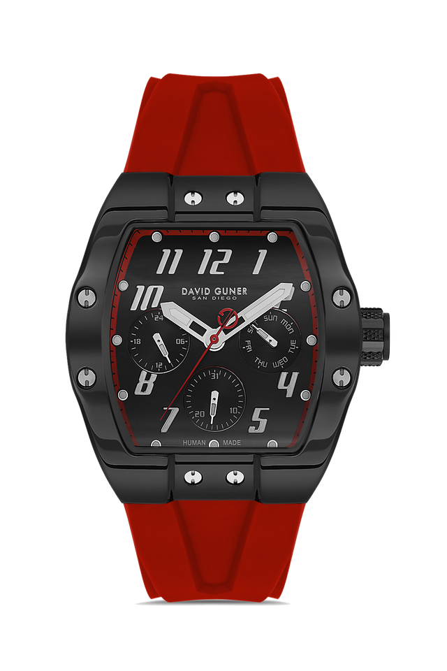 David Guner 8883GD-ZP2 men's watch with black dial, black ion-plated case and red silicone strap – front view