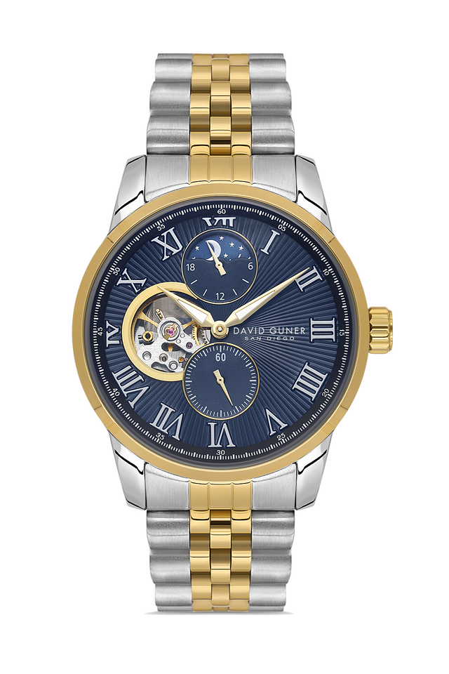 David Guner 8986GA-D3 men's automatic watch with blue dial, two-tone case and stainless steel bracelet – front view
