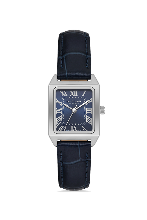 David Guner 8990LB-L3 women's watch with blue dial, silver-tone case and blue genuine leather strap – front view