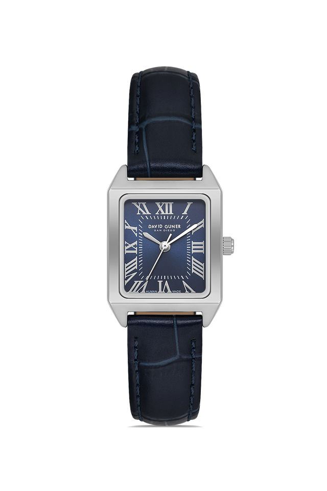 David Guner 8990LB-L3 women's watch with blue dial, silver-tone case and blue genuine leather strap – front view
