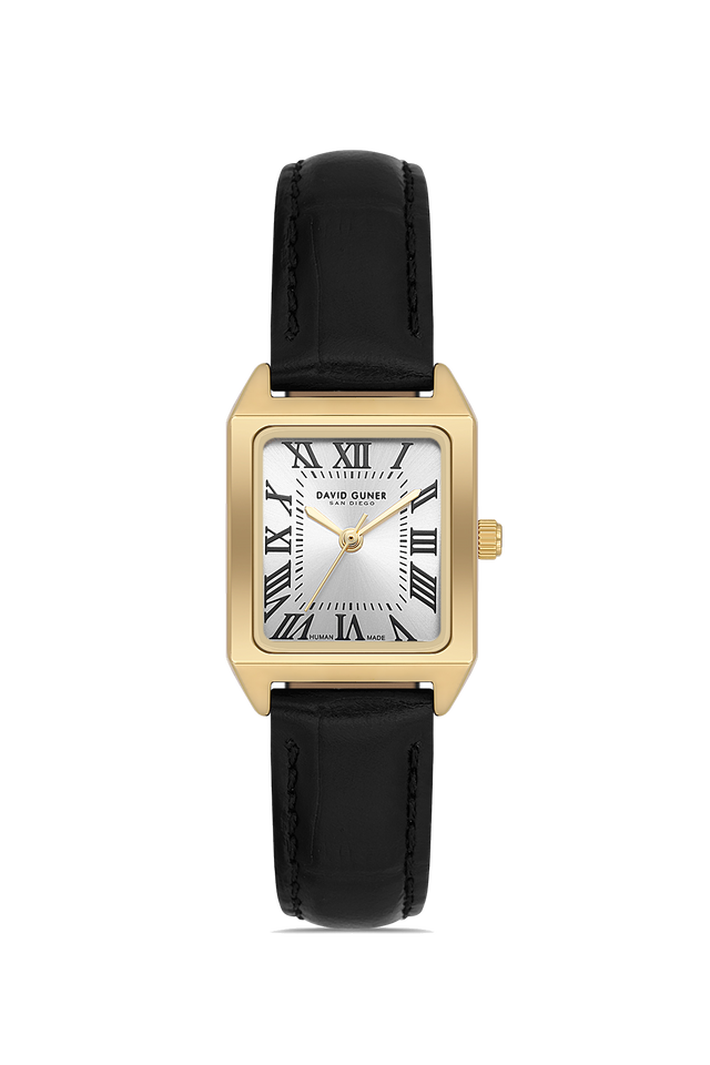 David Guner 8990LB-N1 women's watch with silver dial, gold-tone case and black genuine leather strap – front view