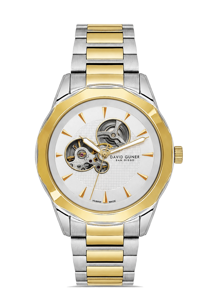 David Guner 9045GA-D1 men's automatic watch with silver dial, two-tone case and stainless steel bracelet – front view