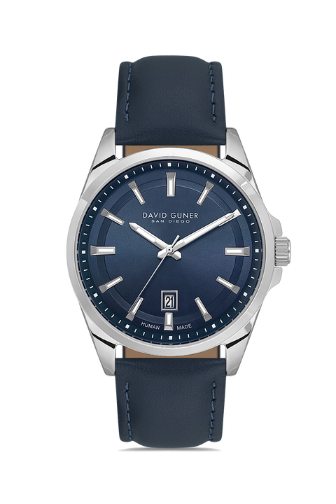 David Guner 9053GB-L3 men's watch with blue dial, silver-tone case and blue genuine leather strap – front view