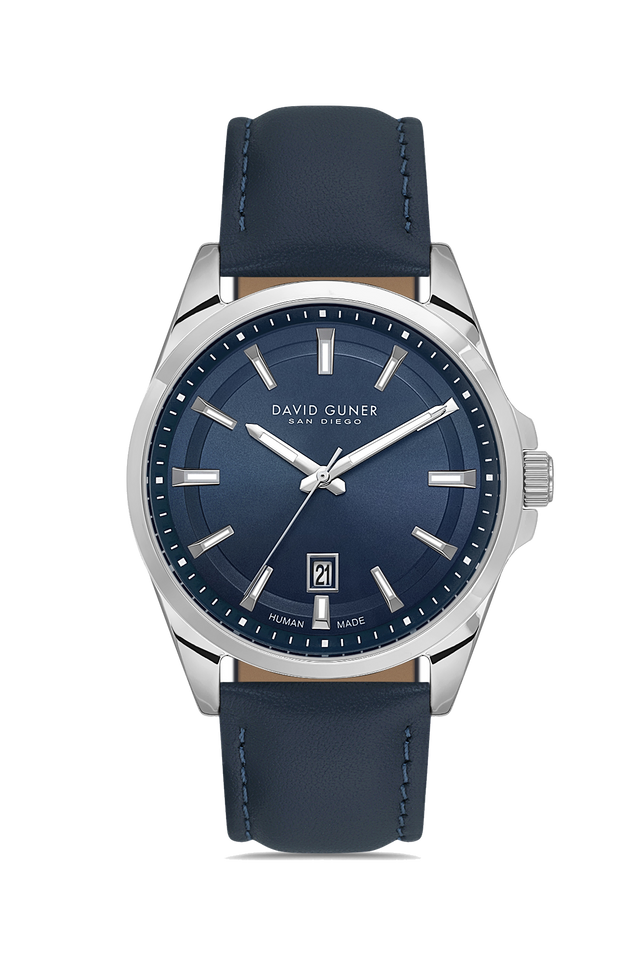 David Guner 9053GB-L3 men's watch with blue dial, silver-tone case and blue genuine leather strap – front view
