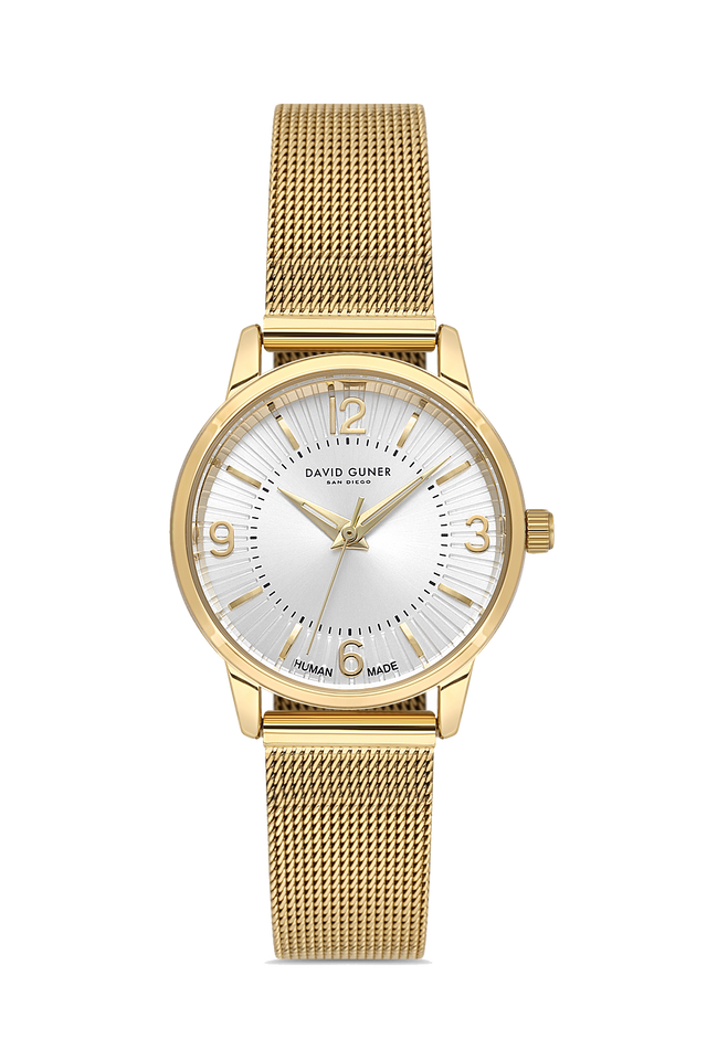 David Guner 9059LC-B1 women's watch with silver dial, gold-tone case and stainless steel mesh bracelet – front view