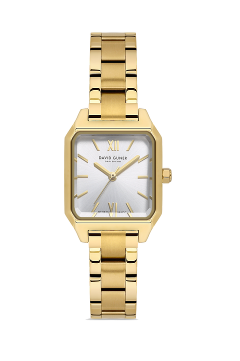 David Guner 9077LA-B1 women's watch with silver dial, gold-tone case and stainless steel bracelet – front view