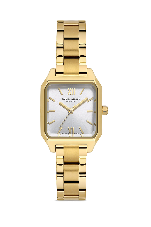 David Guner 9077LA-B1 women's watch with silver dial, gold-tone case and stainless steel bracelet – front view