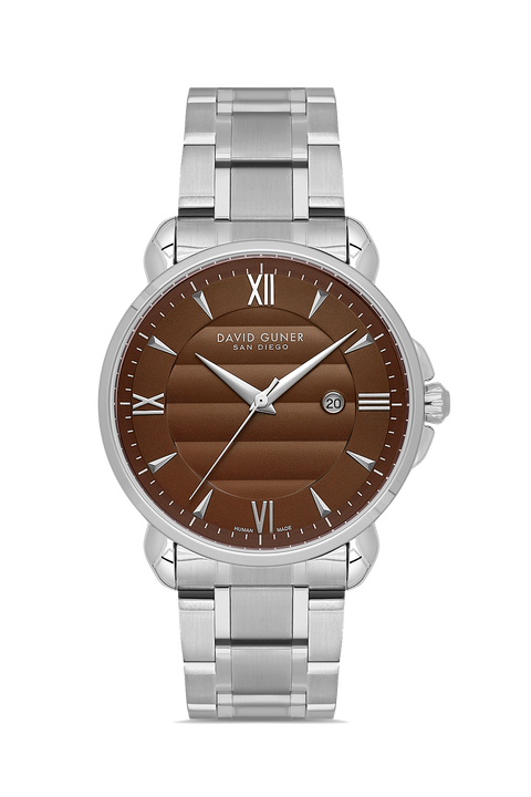 David Guner 9100GA-A6 men's watch with brown dial, silver-tone case and stainless steel bracelet – front view