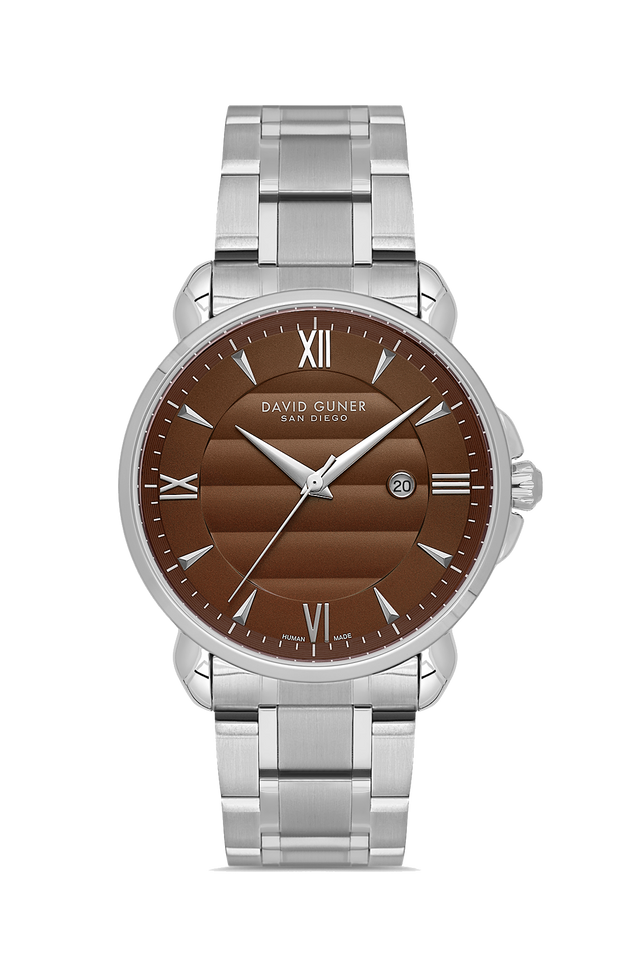 David Guner 9100GA-A6 men's watch with brown dial, silver-tone case and stainless steel bracelet – front view