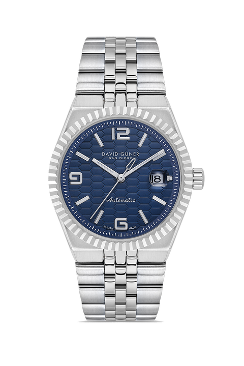 David Guner 9114GA-A3 men's automatic watch with blue dial, silver-tone case and stainless steel bracelet – front view