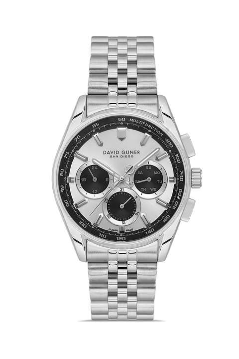 David Guner 9119GA-A1 men's watch with silver dial, silver-tone case and stainless steel bracelet – front view