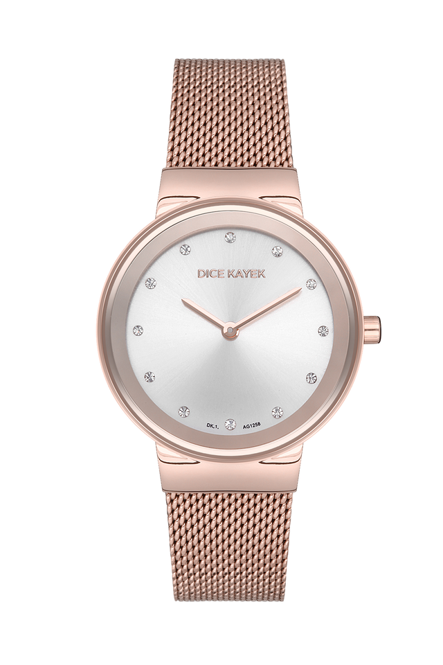 Dice Kayek AG1258.02 women's watch with silver dial, rose gold-tone case and stainless steel mesh bracelet – front view