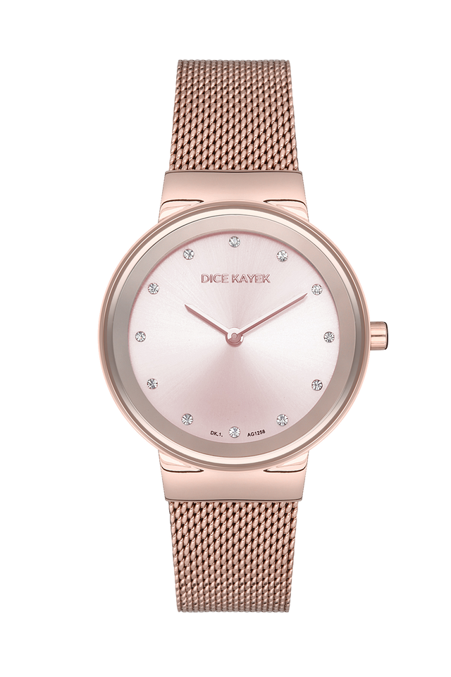 Dice Kayek AG1258.03 women's watch with rose dial, rose gold-tone case and stainless steel mesh bracelet – front view