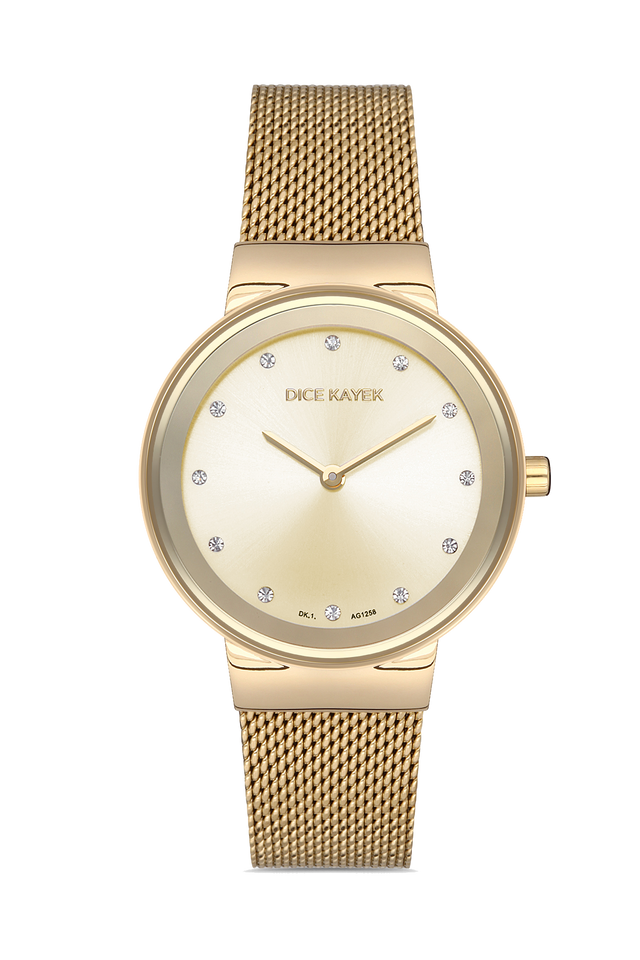 Dice Kayek AG1258.06 women's watch with gold dial, gold-tone case and stainless steel mesh bracelet – front view
