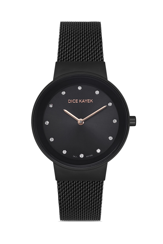 Dice Kayek AG1258.07 women's watch with black dial, black ion-plated case and black stainless steel mesh bracelet – front view