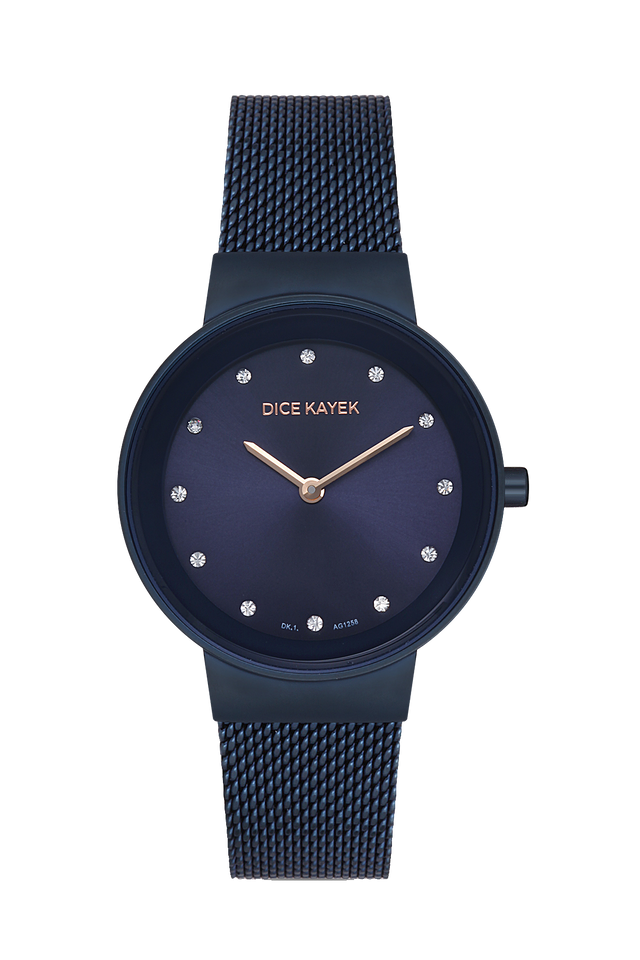 Dice Kayek AG1258.08 women's watch with blue dial, blue ion-plated case and blue stainless steel mesh bracelet – front view