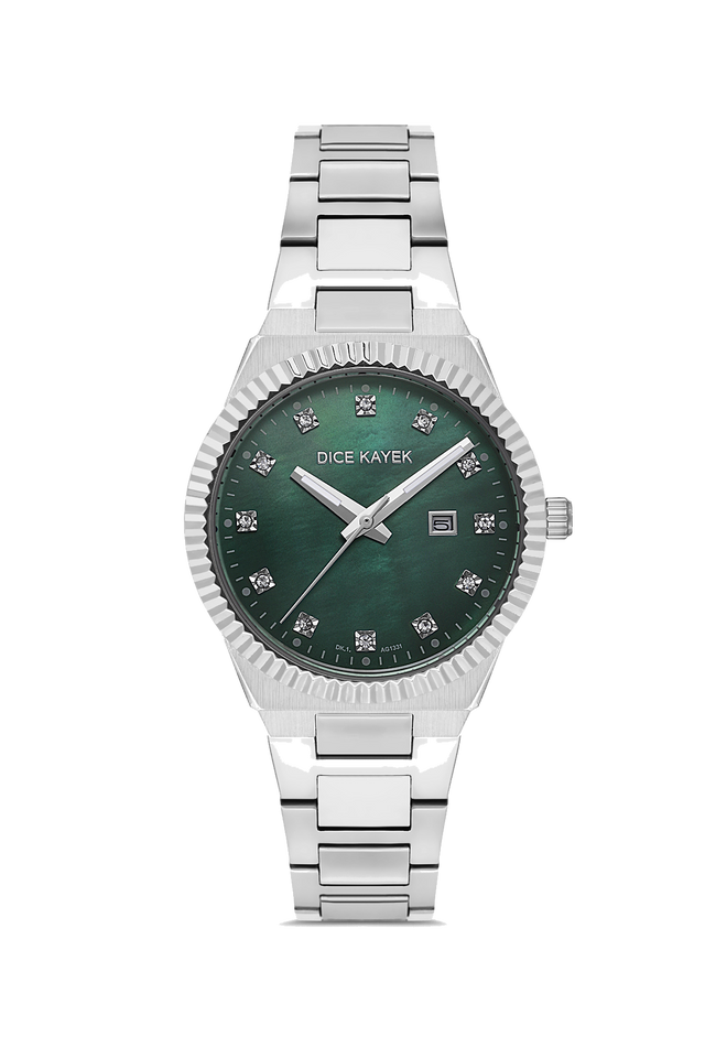 Dice Kayek AG1331.03 women's watch with green mother-of-pearl dial, silver-tone case and stainless steel bracelet – front view